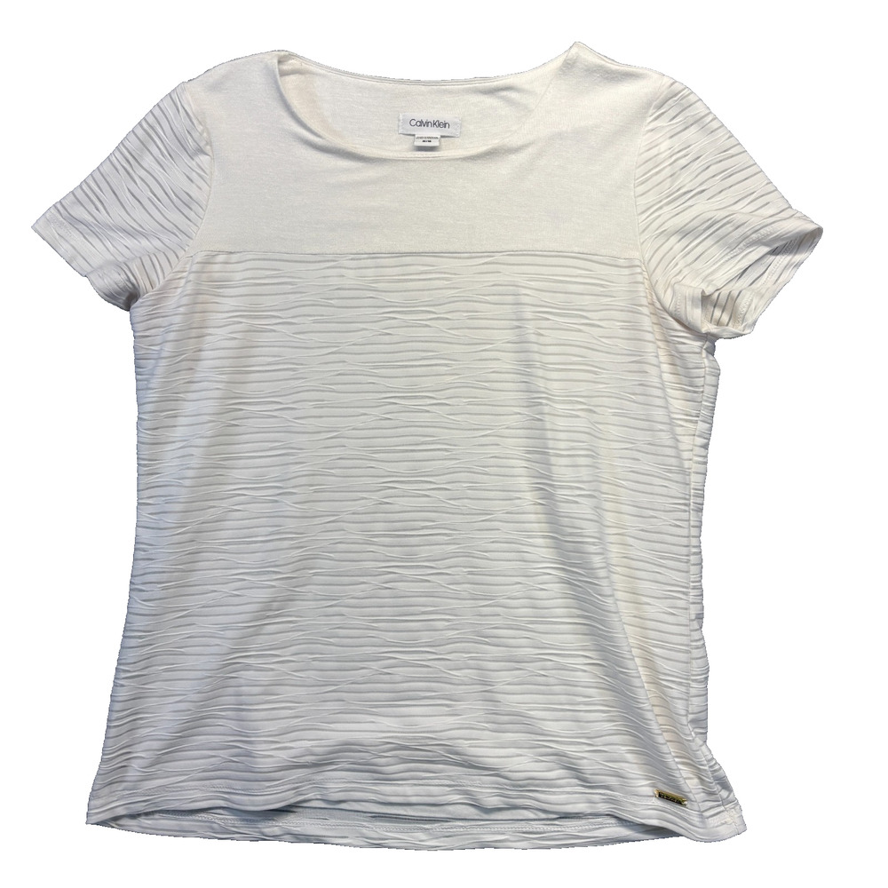 Calvin Klein Mixed Media Top Women's M White Wave Texture Short Sleeve Blouse